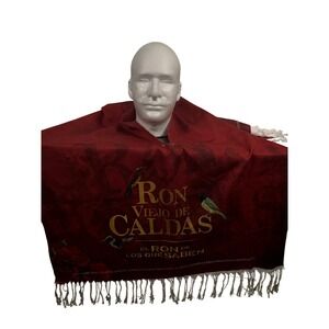 Ron Viejo de Caldas Poncho Wrap Fringe Shawl Red Gold Birds Feria de los Secreto